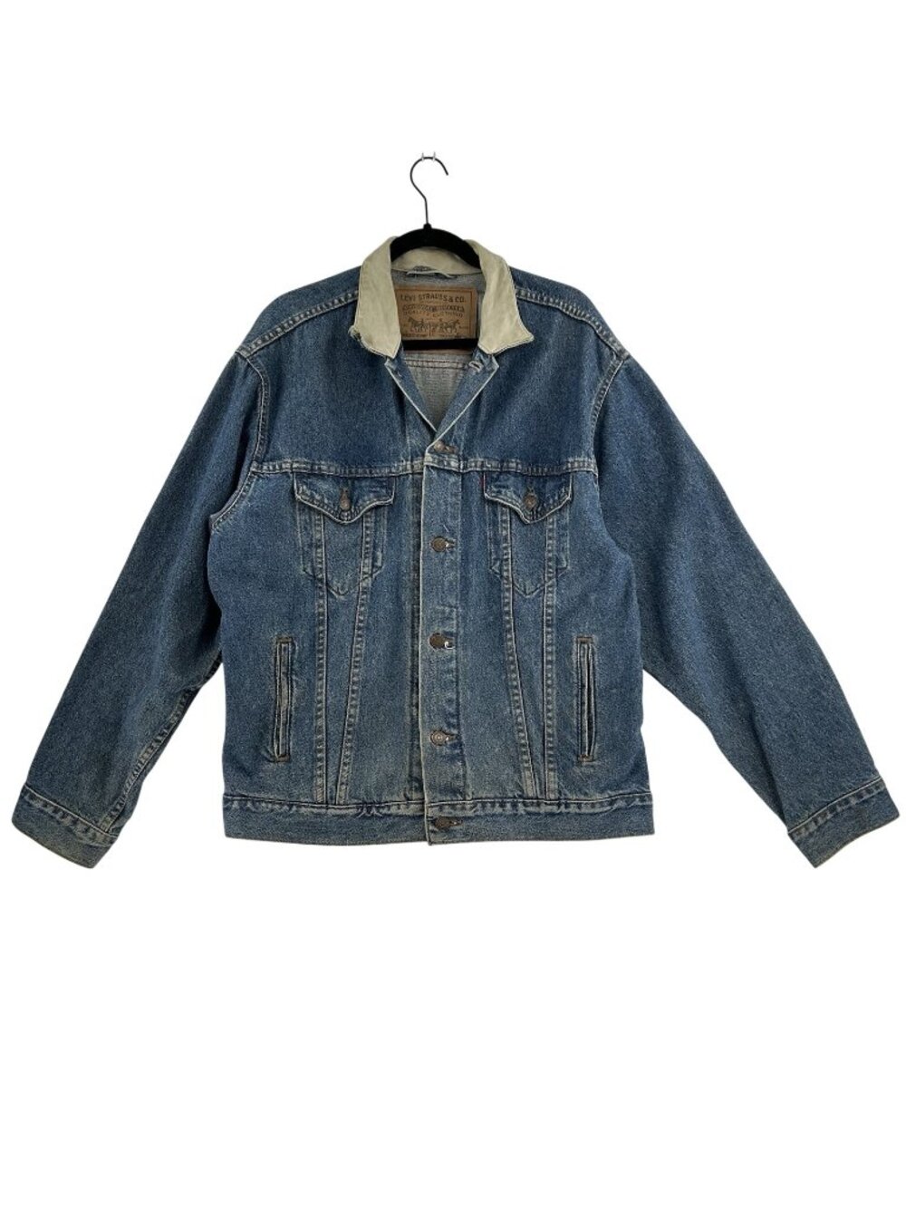 Vintage 80s Levis Denim Trucker Jacket Mens L Blue Collar Leather 75559-0288 USA